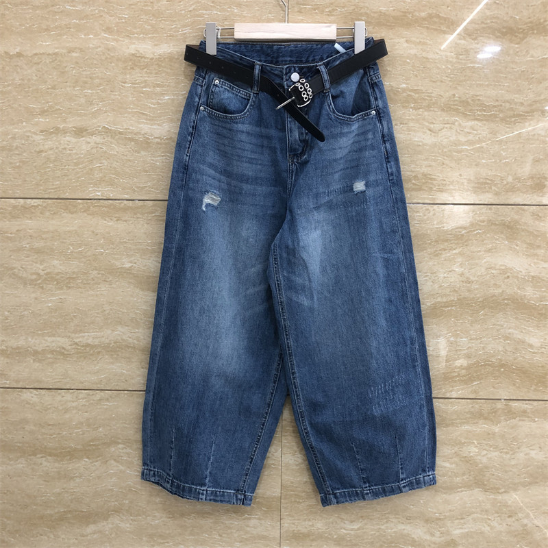 欧洲站S26158正品铆钉腰带阔腿破洞直筒宽松显瘦薄款夏季牛仔裤女
