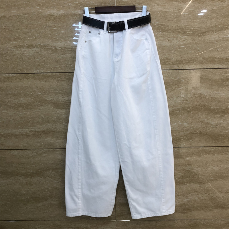 欧洲站6123-1正品白色腰带弯刀阔腿宽松纽扣初夏薄款牛仔裤女长裤