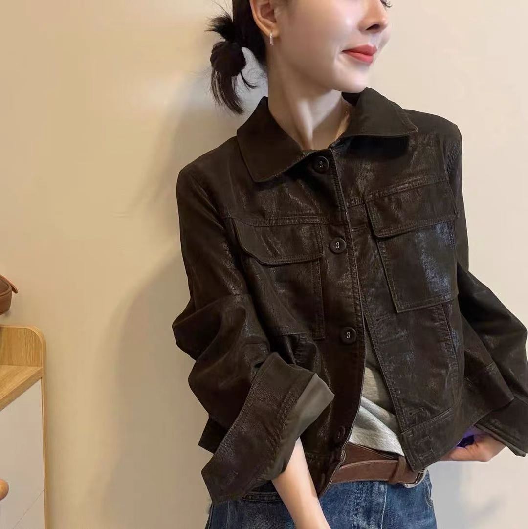 秋冬短款小个子PU皮衣女纽扣开衫