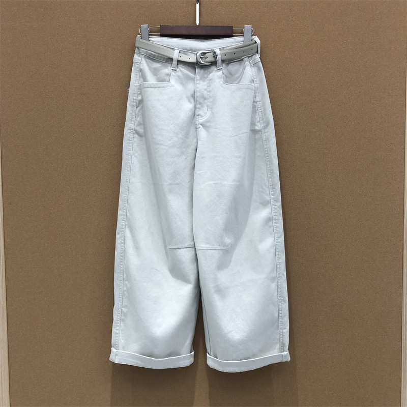 欧洲站百搭正品9590石灰白阔腿直筒卷边腰带纽扣春装薄款牛仔裤女