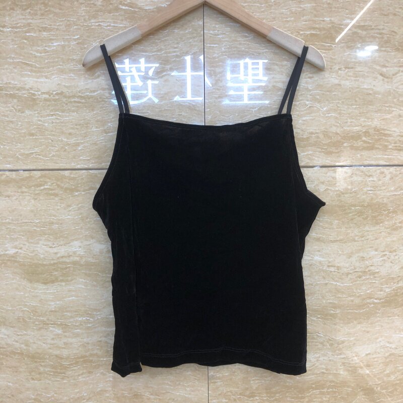 黑色丝绒细肩带修身打底吊带背心