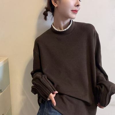 蕾丝边立领打底衫女2025冬季新款加绒加厚中长款德绒长袖T恤潮