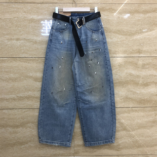 欧洲站红提子HTZ66051渐变色油漆花点毛边褶皱刺绣春装薄款牛仔裤