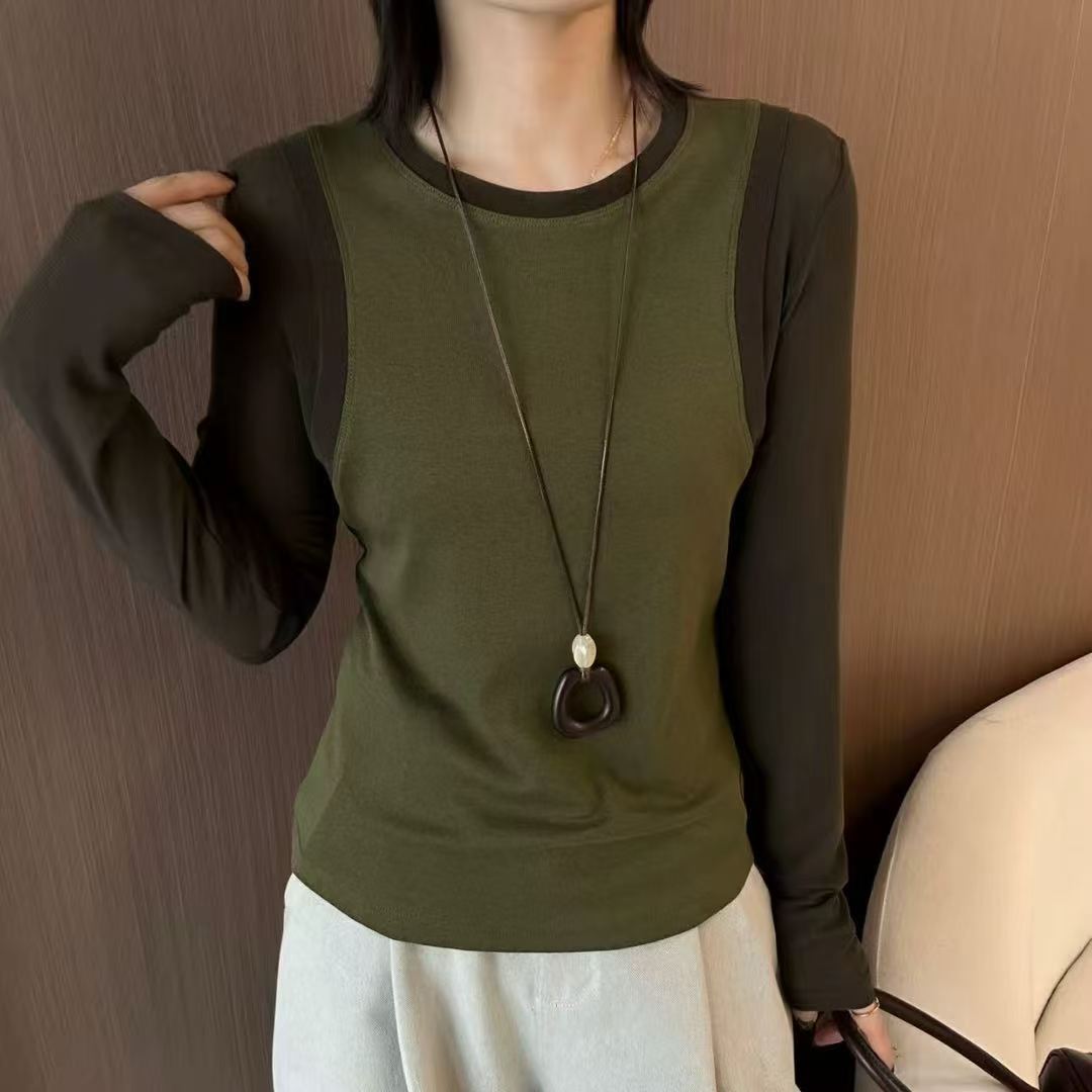 秋季通勤圆领拼接长袖宽松T恤女