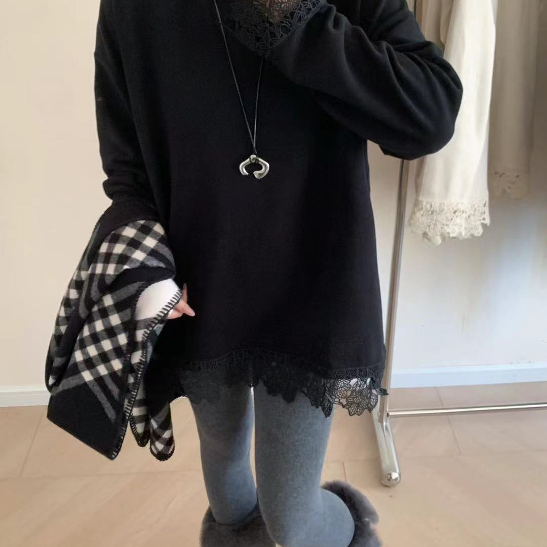 欧韩时尚蕾丝拼接德绒长袖T恤女2025冬季新款宽松显瘦中长款上衣