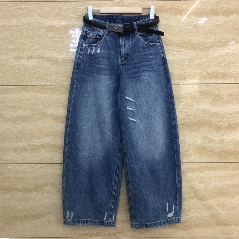 欧洲站58307腰带破洞毛边设计弯刀宽松显瘦口袋刺绣春装牛仔裤女,女装/女士精品,牛仔裤,淘宝优惠券,粉丝福利购,淘宝优惠卷