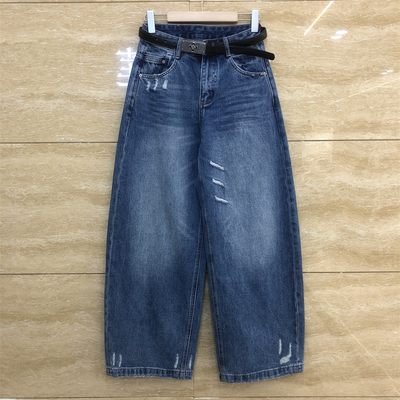 欧洲站破洞毛边显瘦阔腿牛仔裤女