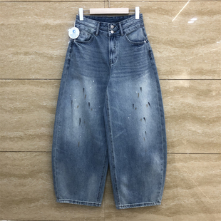 欧洲站2650设计感双腰头油漆花点两粒扣贴标春装薄款浅色牛仔裤女