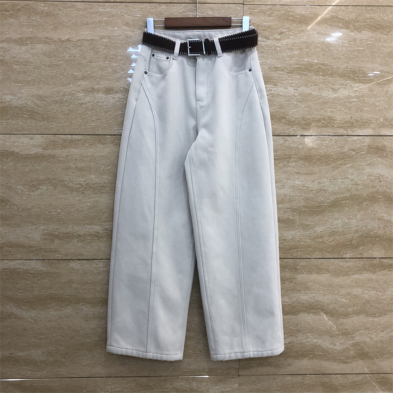 欧洲站米白色宽松显瘦褶皱杠条设计波浪腰带加绒加厚牛仔裤女冬款