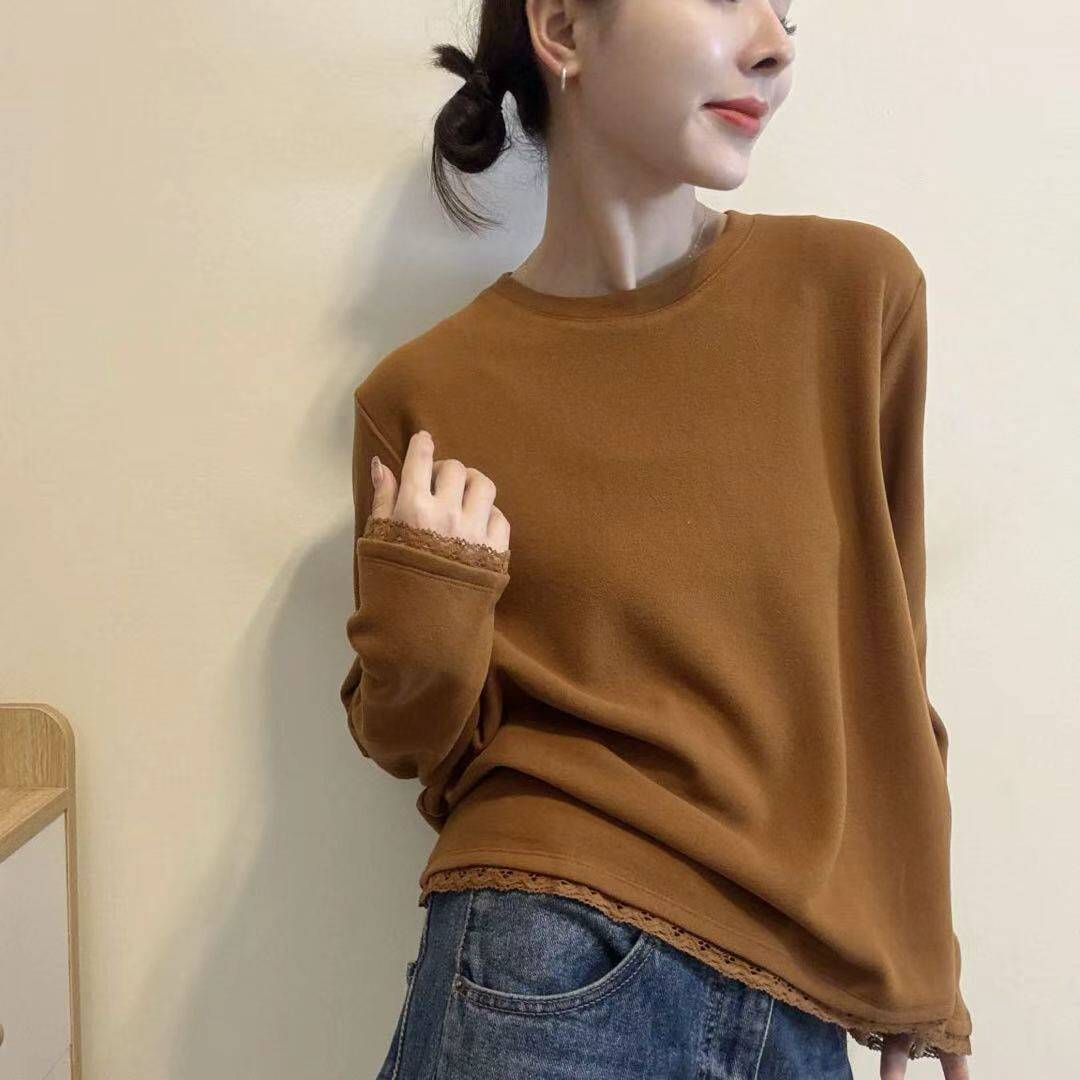 老钱风蕾丝拼接长袖德绒冬T恤女