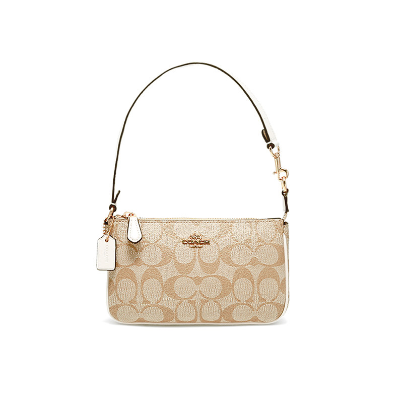 COACH/蔻驰女士经典印花小号麻将包PVC配皮腋下包卡其色斜挎包