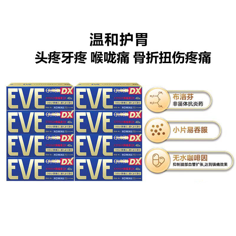 日本白兔EVE止疼药升级布洛芬退烧牙疼头疼金色40粒*8盒