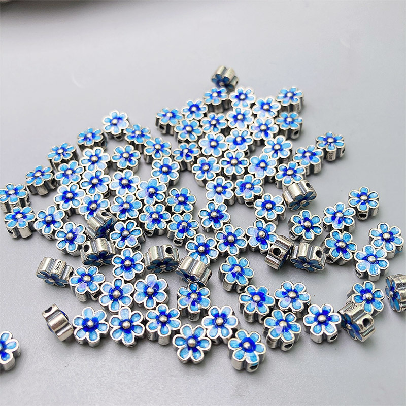 S925银景泰蓝珐琅彩五叶花四叶草烧蓝工艺配件莲花隔珠帽花银配饰