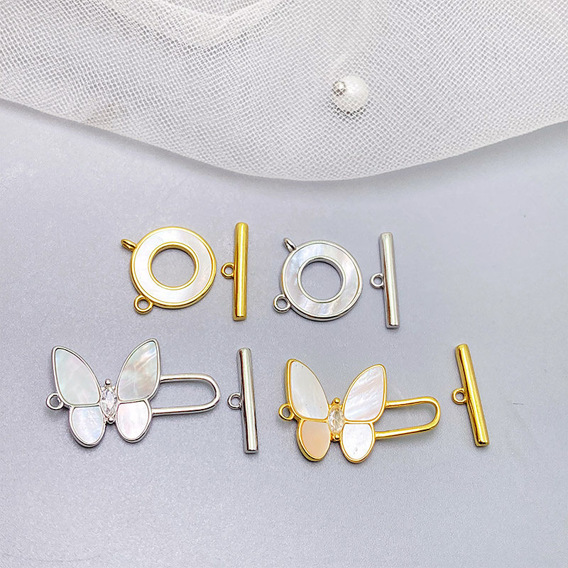 s925银蝴蝶项链OT扣子diy手工配件纯银ot扣海贝搭手链贝壳连接扣