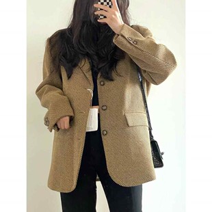 毛呢外套女秋冬新款黄色斜纹西装小个子宽松时尚羊毛呢子大衣短款