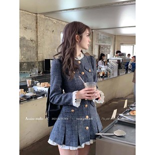 Acaine米兰少女/中长款收腰小香风长袖连衣裙女春季法式气质裙子