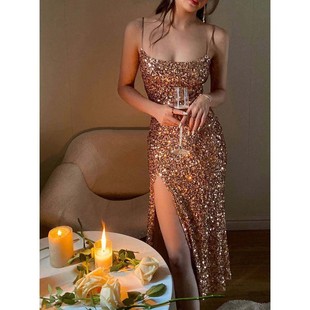金色性感亮片吊带连衣裙亮闪闪晚礼服裙子轻奢小众高端party小礼