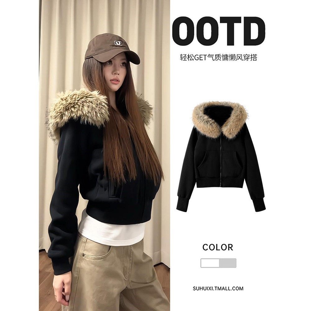 黑色连帽毛领加绒加厚外套女秋季2025新款美式短款小个子冬季上衣,个性定制/设计服务/DIY,工作服定制,淘宝优惠券,粉丝福利购,淘宝优惠卷