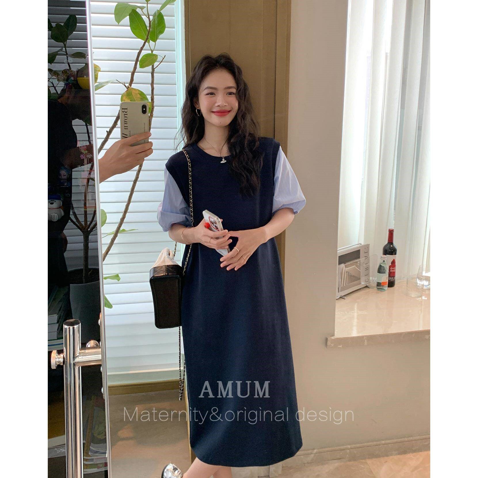 ◆AMUM孕妇装◆自由出走~拼接假两件泡泡袖休闲宽松显瘦连衣裙
