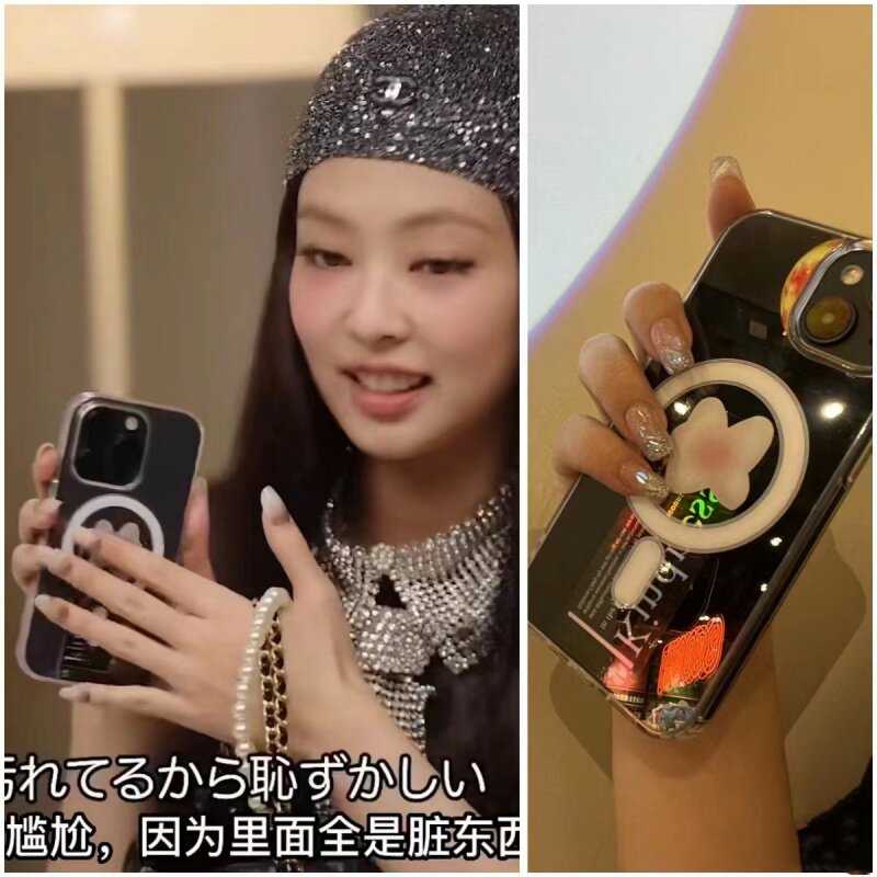 金智妮同款适用于苹果15promax手机壳可爱花朵贴纸明星高级感透明磁吸夏天男女款黑色字母iphone13pro保护套