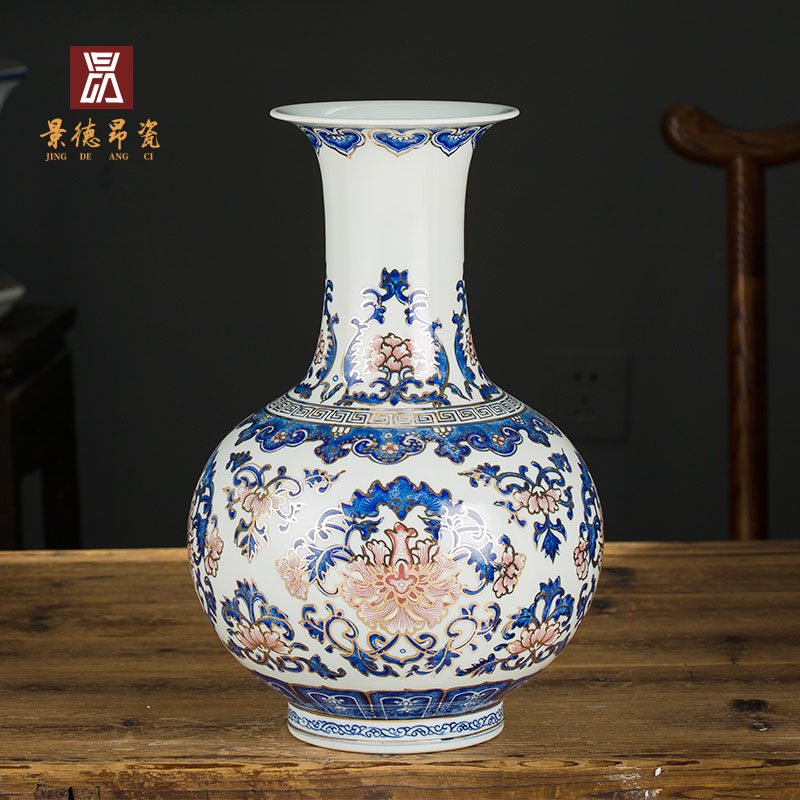 景德镇陶瓷手绘仿古青花瓷描金花瓶新中式客厅插花轻奢高档大瓷瓶