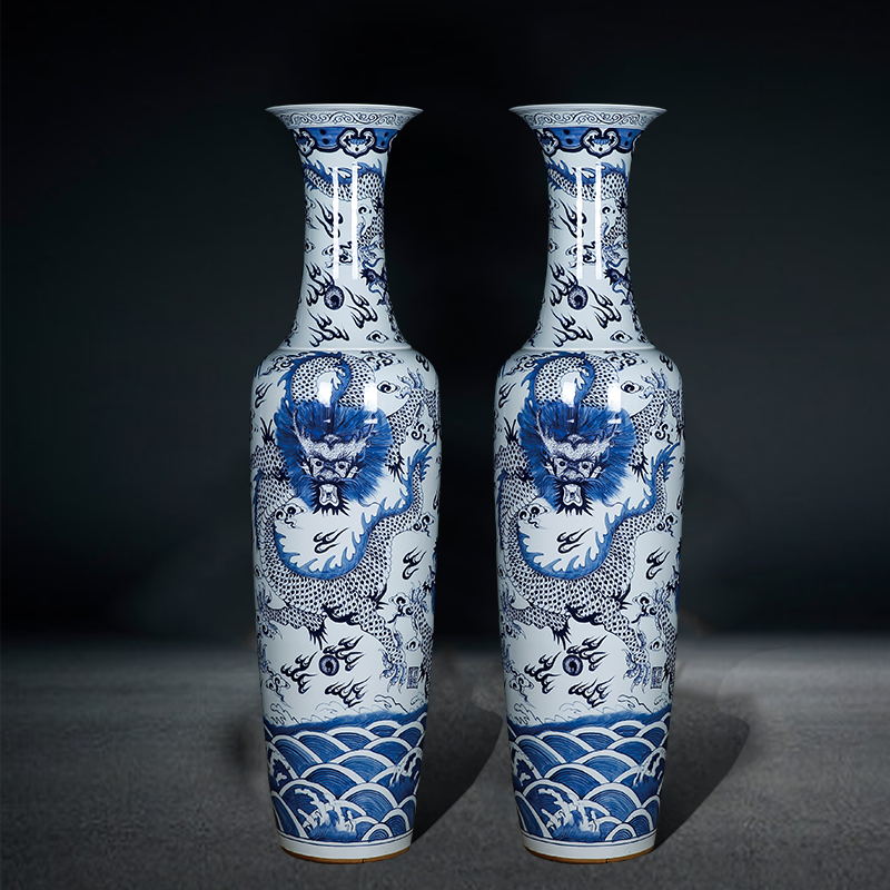 Jingdezhen floor standing large vase, antique dragon and phoenix, auspicious blue and white porcelain dragon vase, hotel living room ceramic ware, large ornament