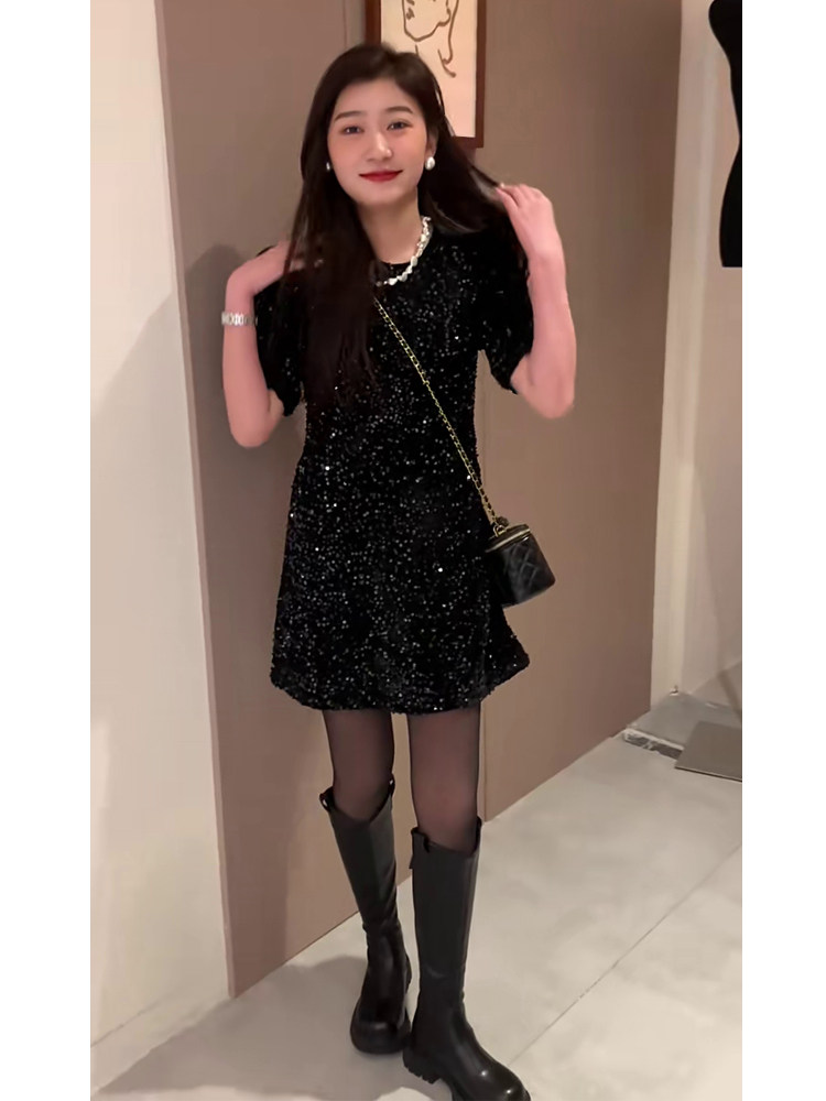 가벼운 럭셔리 작은 향기로운 스타일 스트레이트 스커트 스팽글 반짝이는 검은 드레스 여성 여름 착용 느슨한 작은 검은 치마