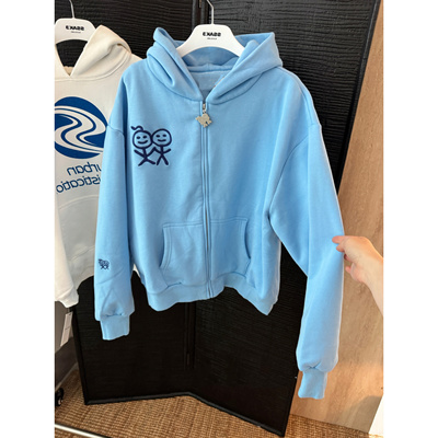 买手自留闭眼入26SS~火柴人印花拉链连帽卫衣开衫女宽松休闲外套