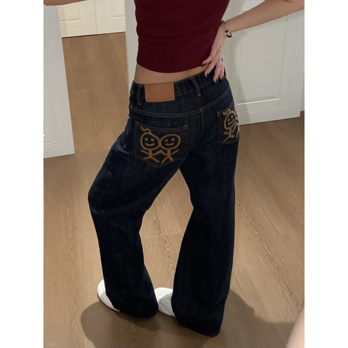 买手自留闭眼入26SS~百搭火柴人刺绣牛仔裤女宽松垂感拖地裤长裤