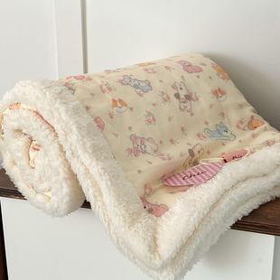 A类全棉双层纱羊羔绒毛毯冬季加厚儿童午睡沙发盖毯办公室小毯子