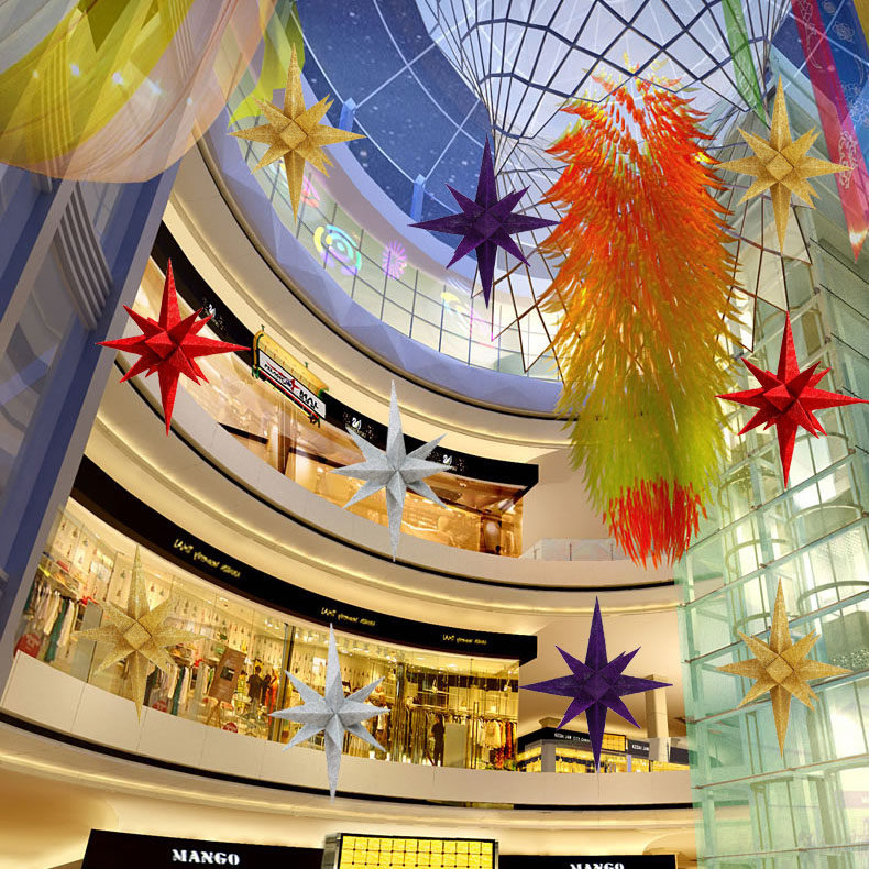 郎森圣诞节中庭吊饰1米金色爆炸星红色十四角星挂饰圣诞节装饰品