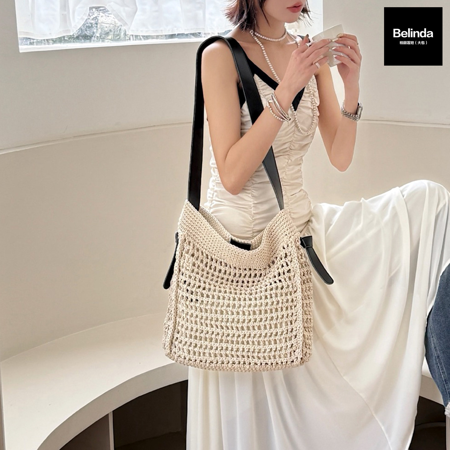 新款蜡绳编织牛皮宽肩带大容量托特包单肩斜挎复古休闲通勤潮女包