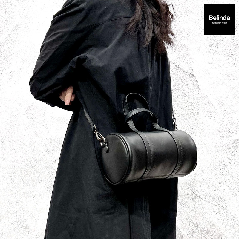 新款真皮头层牛皮简约大容量圆筒包手提单肩斜挎包复古休闲通勤女