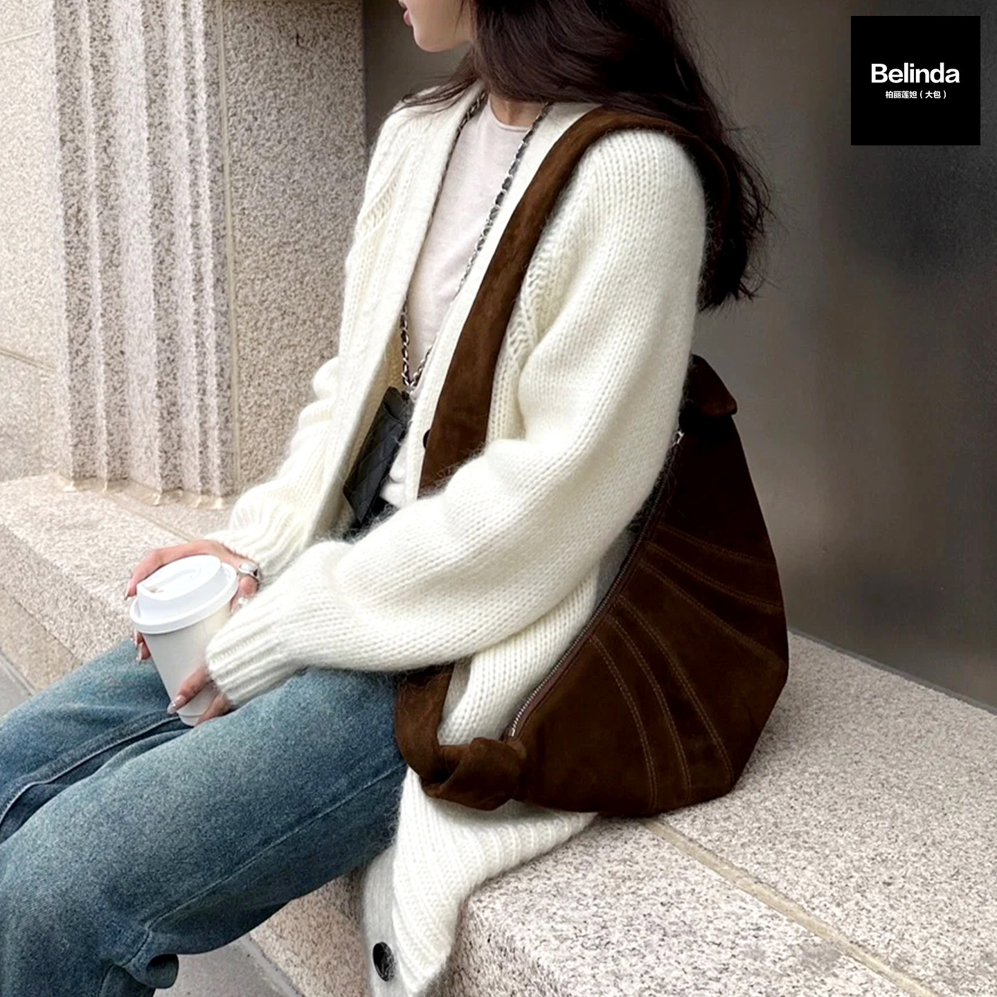 新款真皮麂皮慵懒风大容量饺子包牛角包单肩斜挎复古休闲通勤女包