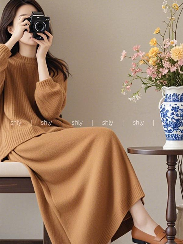 深秋穿搭高级感小香风咖色针织毛衣连衣裙子套装2025新款女装秋冬