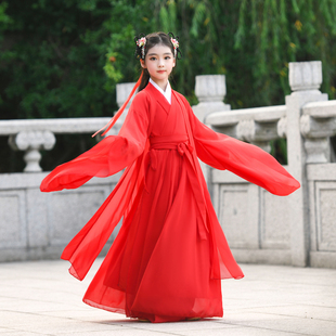 儿童汉服女童魏晋中国风春秋古装仙女服飘逸超仙夏季长袖连衣裙红