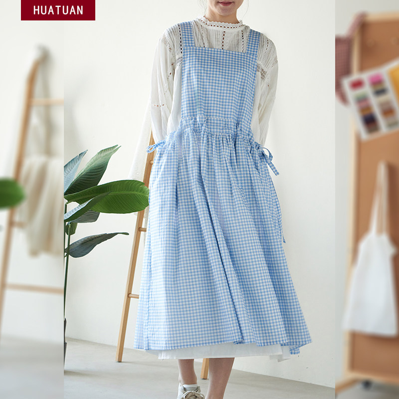 ins格子罩衣家居厨房工作服手作餐厅奶茶蛋糕美甲甜品花店围裙女