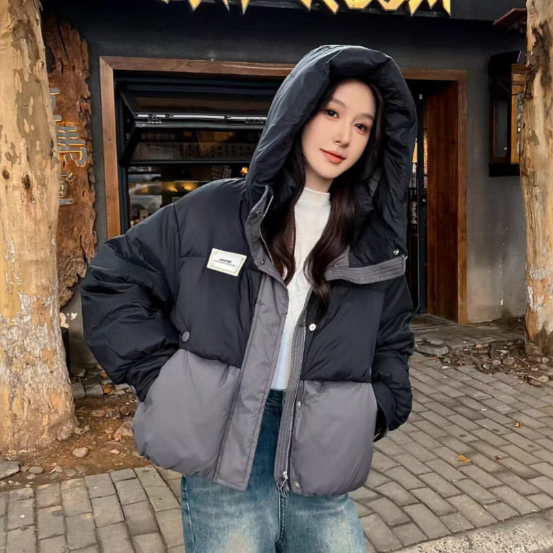 兰芙尼学院风小个子短款羽绒服女连帽拼色加厚面包服冬季外套
