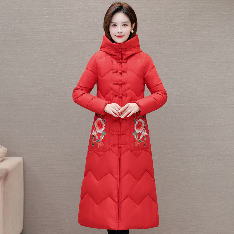 声雨竹大码女妈妈装加厚冬季羽绒棉服女中长款过膝绣花盘扣唐装羽