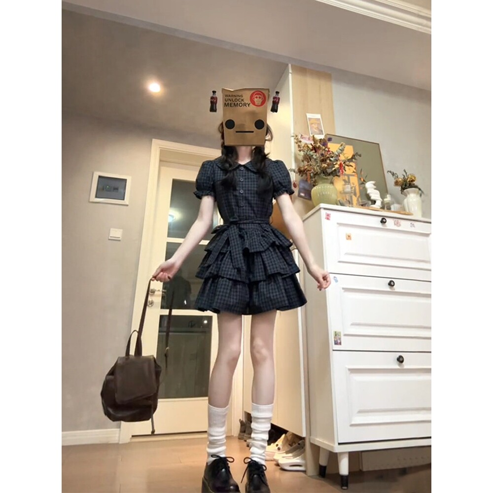 声雨竹法式气质复古格纹泡泡袖连衣裙女夏季大码胖mm荷叶边收腰显