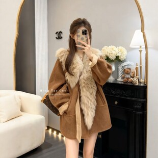 声雨竹中长款大毛领毛呢外套女冬季大码胖mm宽松气质高级感保暖呢