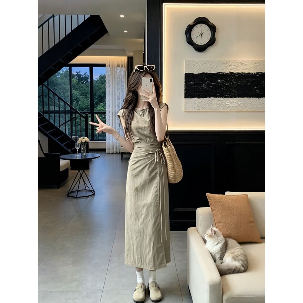 声雨竹夏装搭配一整套大码胖mm松弛感无袖背心上衣高腰半身裙减龄