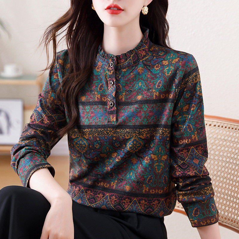 声雨竹中年妈妈碎花立领长袖德绒衬衫女士秋冬内搭内搭衬衫外穿洋