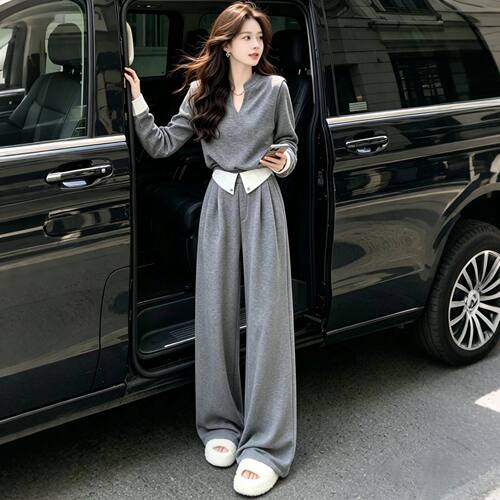 声雨竹超洋气欧货休闲时尚套装女秋气质洋气小v领灰色上衣阔腿裤