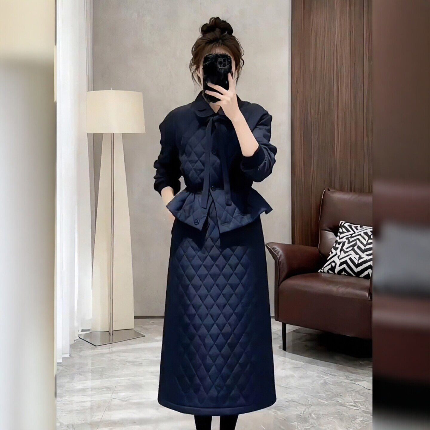 声雨竹冬季搭配一整套大码胖mm小香风夹棉棉服外套半身裙气质减龄