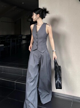 声雨竹时尚御姐范西装马甲套装2026夏两件套灰色无袖背心上衣垂感