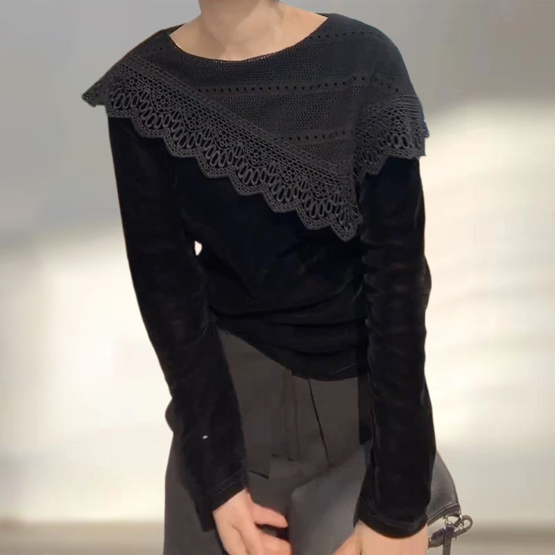 声雨竹韩系时髦蕾丝拼接圆领长袖T恤女早秋小个子修身显瘦气质减