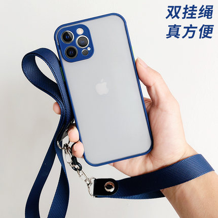 带挂绳挂脖适用苹果15手机壳磨砂14promax新款镜头全包iPhone13防摔12mini保护套透明男女xs简约7/8plus个性