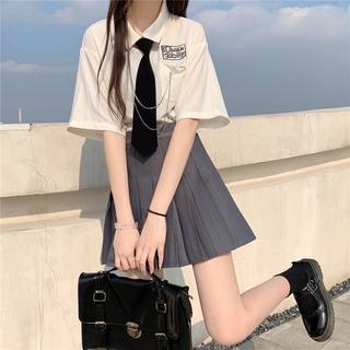 送领带/夏季新款套装女学生韩版宽松短袖衬衫+高腰百褶裙两件套