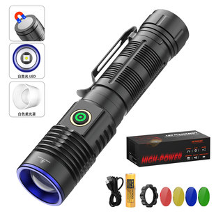 跨境热卖 LED多功能白激光手电筒USB充电五色光源便携笔夹尾部磁吸